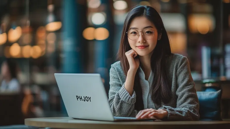 a-confident-phjoy-agent-in-a-smart-casual-outfit-while-working-on-a-laptop